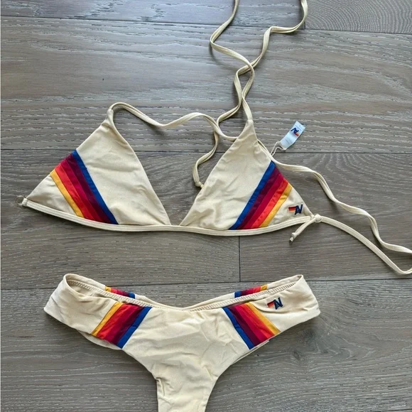 Aviator Nation Yellow Bikini with Rainbow Stripe Trim - Picture 3 of 4